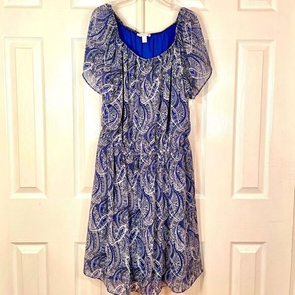 BLUE PAISLEY BOHO SHORT SLEEVE CHIFFON DRESS S-14 - Picture 1 of 7